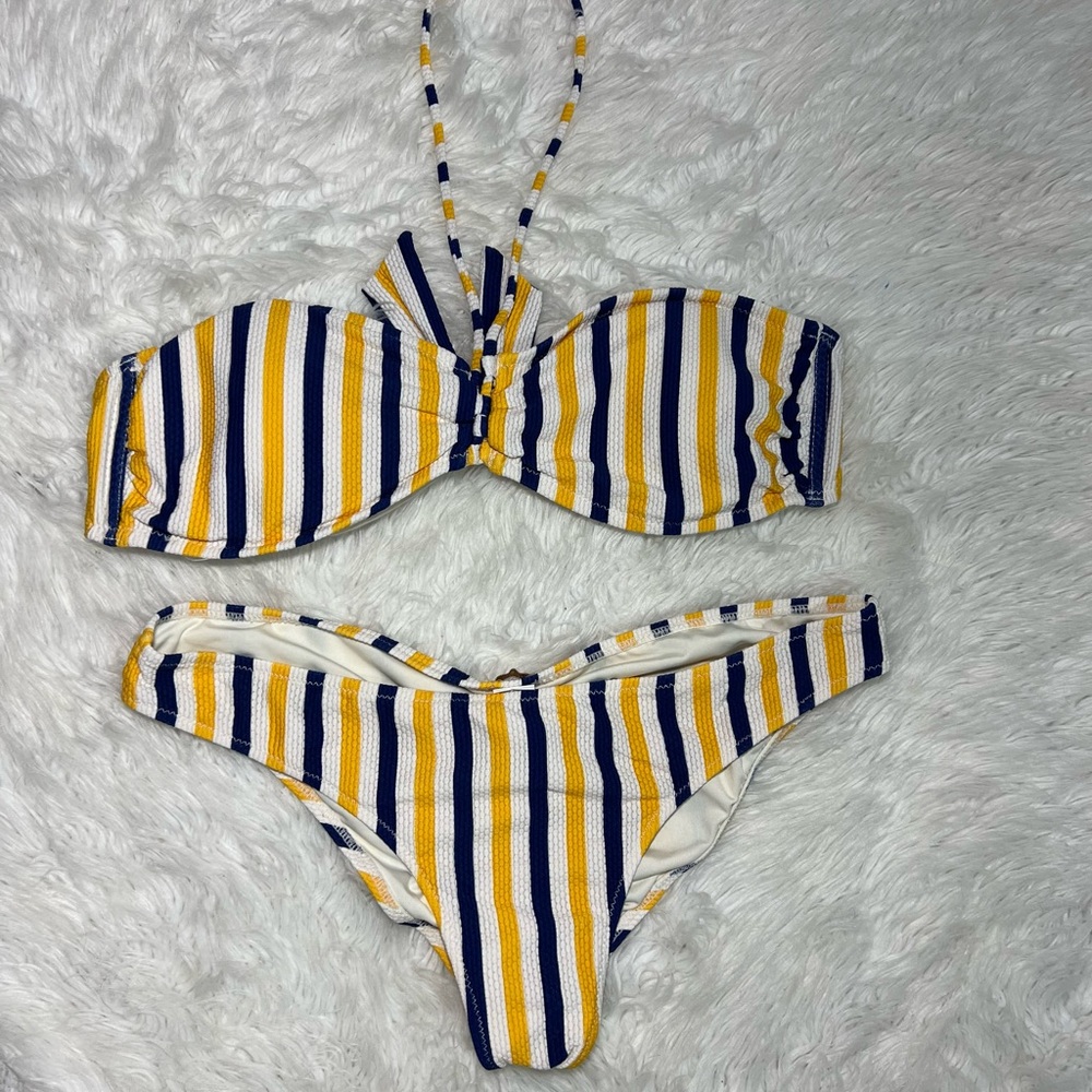KiBys Textured Stripe Bandeau Bikini Set Yellow Blue White Size L